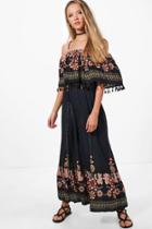 Boohoo Jen Printed Embroidered Tassle Maxi Dress Navy