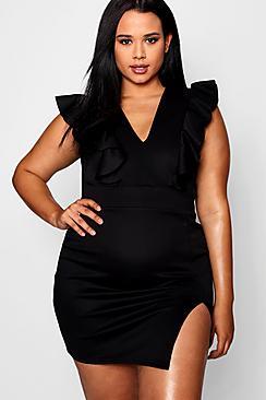 Boohoo Plus Bethany Plunge Ruffle Shoulder Bodycon