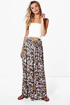 Boohoo Denise Tropical Palm Floor Sweeping Maxi Skirt