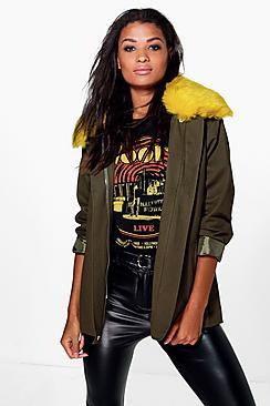 Boohoo Rose Zip Through Parka With Oversize Faux Fur Collar