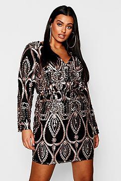 Boohoo Plus Lace & Sequin Plunge Mini Dress