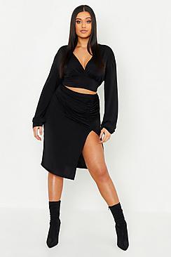 Boohoo Plus Slinky Ruched Split Front Midi Skirt