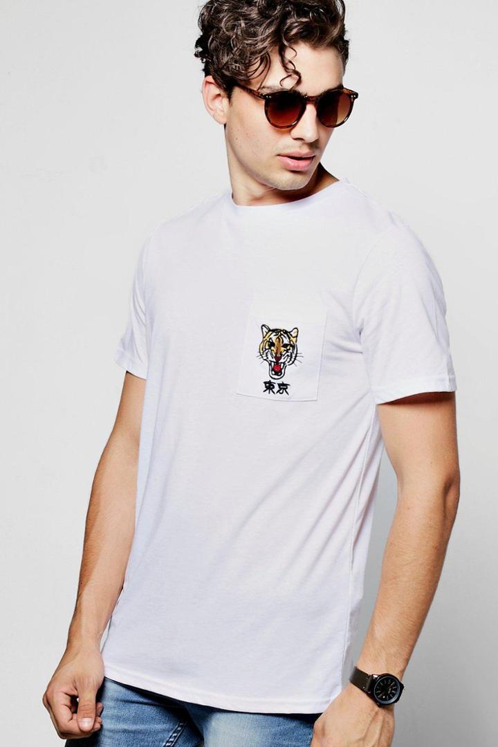 Boohoo Embroidered Tiger Pocket T Shirt White