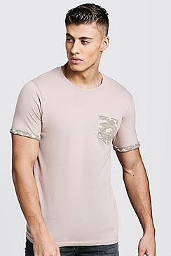 Boohoo Crew Neck T-shirt With Camo Pocket