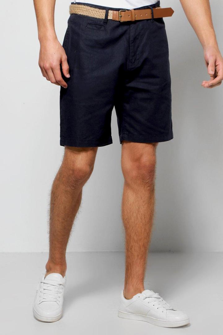 Boohoo Cotton Linen Shorts With Woven Belt Navy
