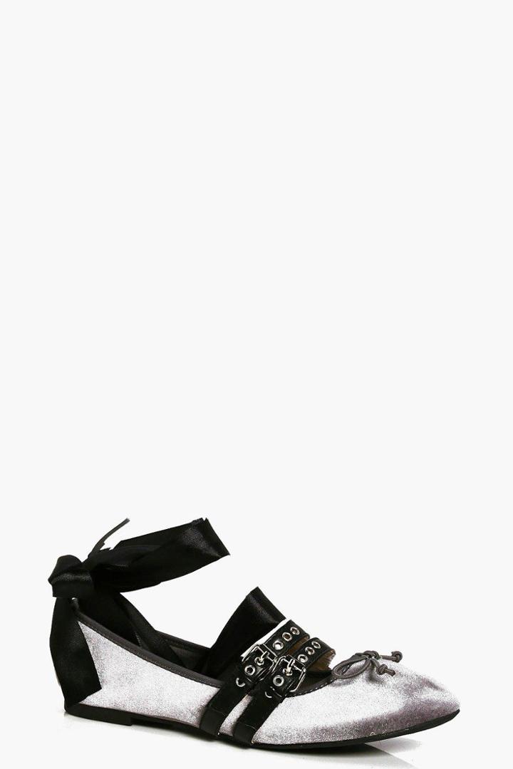 Boohoo Alice Multi Strap Ribbon Tie Ballet Grey