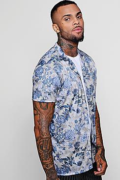 Boohoo Vintage Rose Print Short Sleeve Revere Shirt