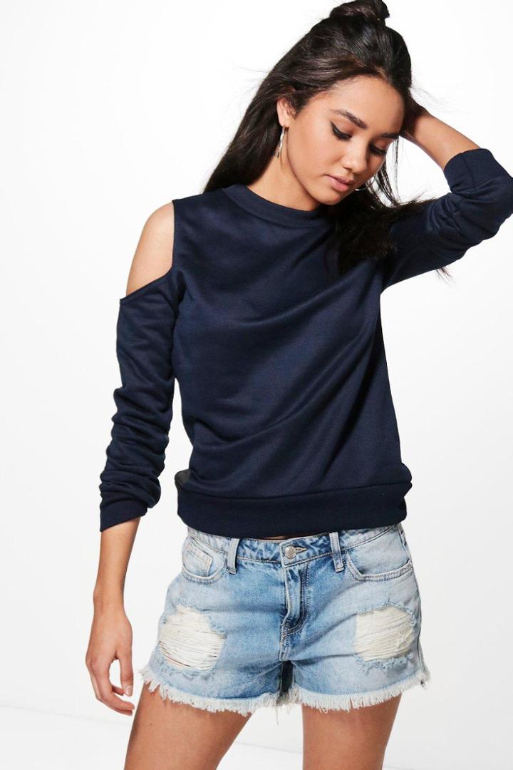 Boohoo Petite Ally Open Shoulder Sweat Navy