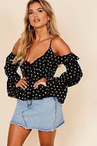 Boohoo Cold Shoulder Frill Spot Wrap Blouse