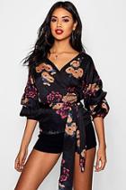 Boohoo Emma Ruched Sleeve Floral Wrap Blouse