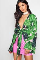 Boohoo Rebecca Palm Print Wide Sleeve Tie Kimono