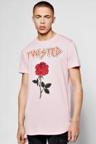 Boohoo Longline Twisted Rose T Shirt With Curved Hem Pink