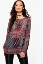 Boohoo Clara Printed Lace Up Smock Top Grey