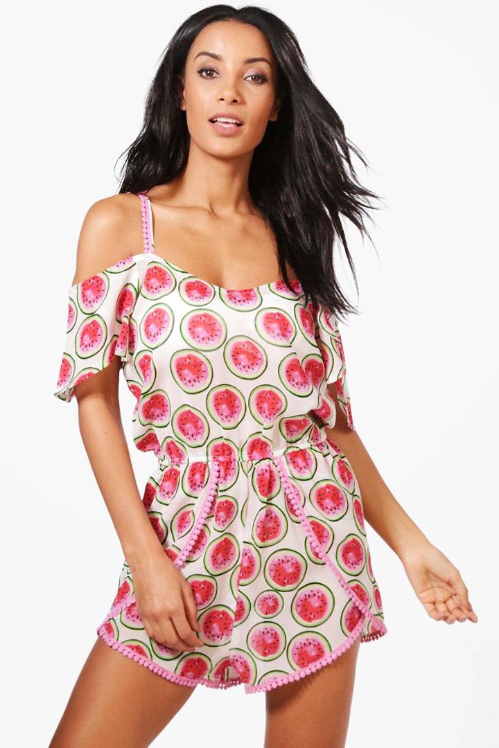 Boohoo Freya Watermelon Cold Shoulder Beach Playsuit Pink