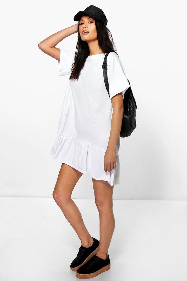 Boohoo Elyse Ruffle Hem T-shirt Dress White