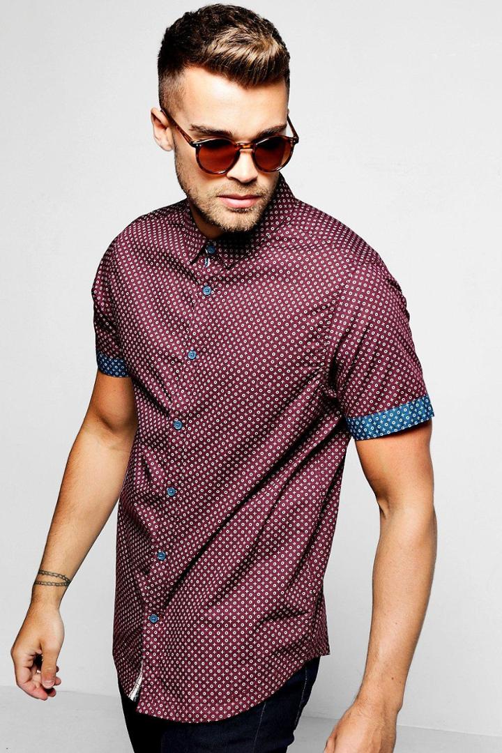 Boohoo Burgundy Short Sleeve Ditsy Print Shirt Burgundy