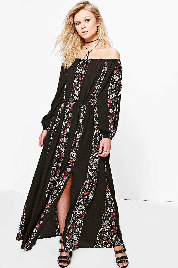 Boohoo Petite Abbi Floral Print Off The Shoulder Maxi Dress Black