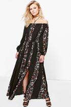 Boohoo Petite Abbi Floral Print Off The Shoulder Maxi Dress Black