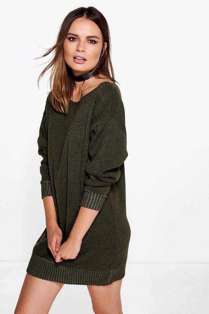 Boohoo Faith Marl Slash Neck Jumper Dress Khaki