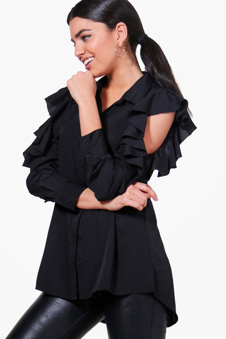 Boohoo Lucy Ruffle Cold Shoulder Shirt Black