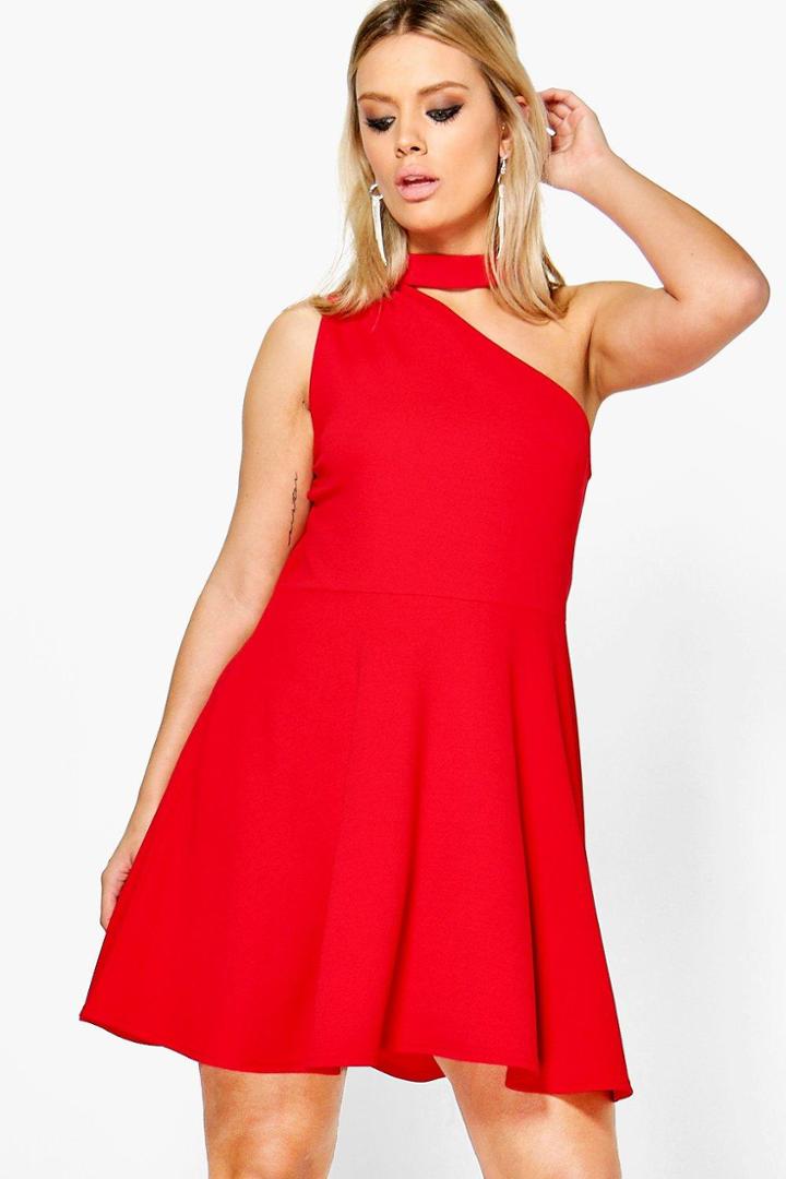 Boohoo Plus Rosie Choker One Shoulder Skater Dress Red