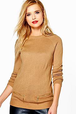 Boohoo Caroline Raglan Sleeve Jumper With Mock Pocket Zippers