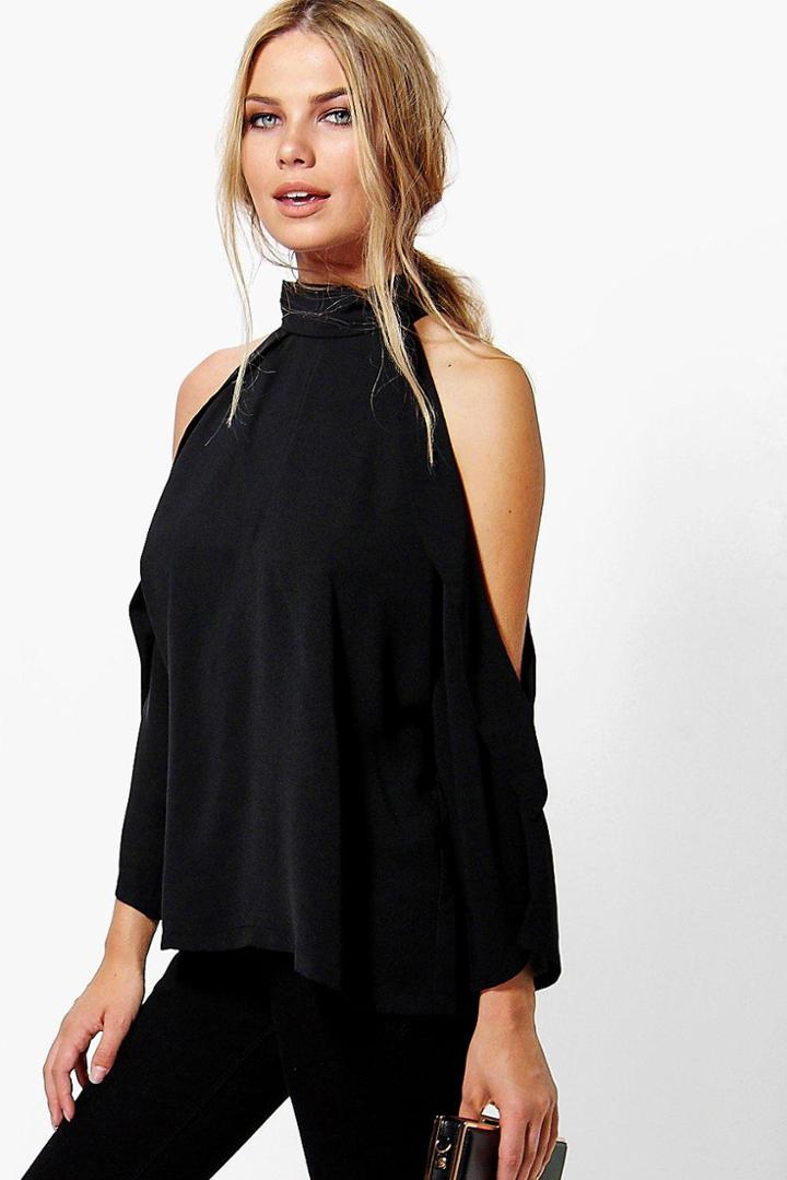 Boohoo Ruby Open Shoulder High Neck Blouse Black