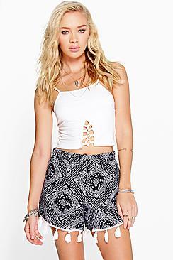 Boohoo Helen Printed Tassel Trim Runner Shorts