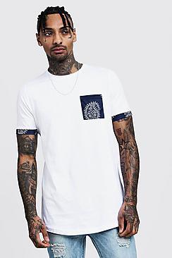 Boohoo Longline Curved Hem Tee With Pocket & Sleeve Print