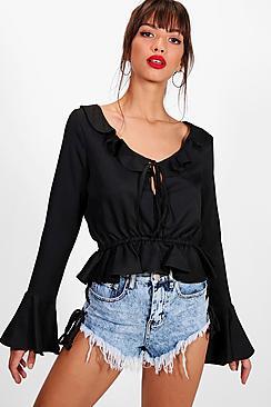 Boohoo Faye Woven Ruffle Tie Front Blouse