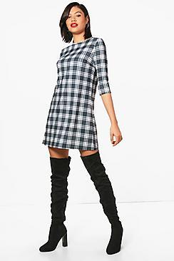 Boohoo Ava Monochrome Check 3/4 Sleeve Shift Dress