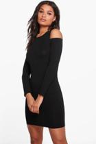 Boohoo Ali Square Cold Shoulder Ribbed Bodycon Dress Black