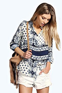 Boohoo Boutique Ebony Silky Paisley Collarless Shirt