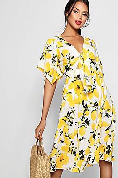 Boohoo Knot Front Lemon Print Midi Dress