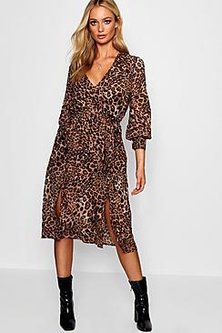 Boohoo Wrap Front Leopard Print Midi Dress