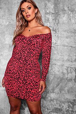 Boohoo Plus Leopard Print Bardot Bodycon Dress