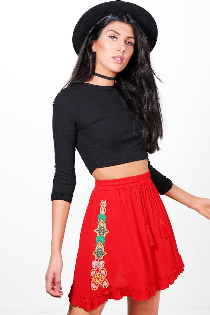 Boohoo Airlia Embroidered Tassle Ruffle Hem Skirt Tomato