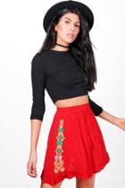 Boohoo Airlia Embroidered Tassle Ruffle Hem Skirt Tomato