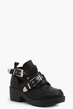 Boohoo Lydia Double Buckle Cut Work Chunky Boot