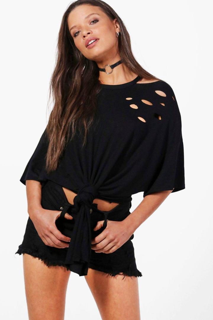 Boohoo Maya Distressed Cold Shoulder Tie Front Black