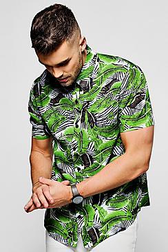 Boohoo Green Leaf Print Short Sleeve Shirt