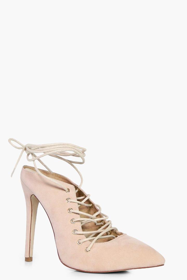 Boohoo Mollie Pointed Toe Ghillie Heel Open Back Nude