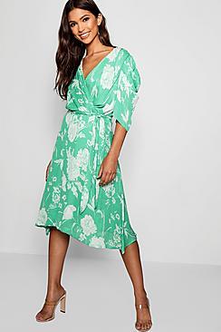 Boohoo Chiffon Floral Tie Waist Midi Skater Dress