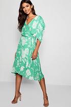 Boohoo Chiffon Floral Tie Waist Midi Skater Dress