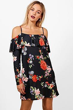 Boohoo Natalie Floral Cold Shoulder Frill Shift Dress