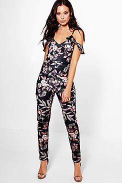Boohoo Ria Open Shoulder Ruffle Floral Jumpsuit