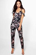 Boohoo Ria Open Shoulder Ruffle Floral Jumpsuit