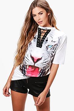 Boohoo Skye Lace Up Choker Tiger T Shirt