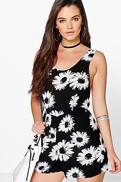 Boohoo Lois Large Daisy Print Low Back Playsuit