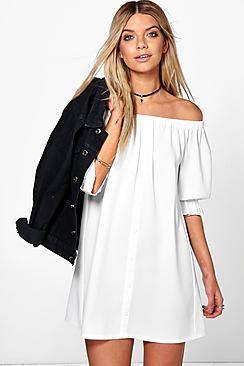 Boohoo Juliette Off The Shoulder Button Shift Dress